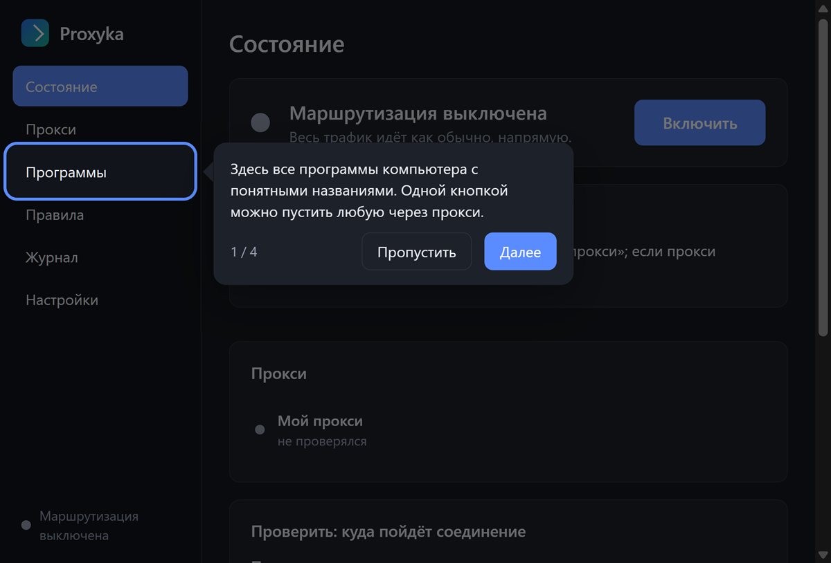 Подсказки по интерфейсу Proxyka после первой настройки